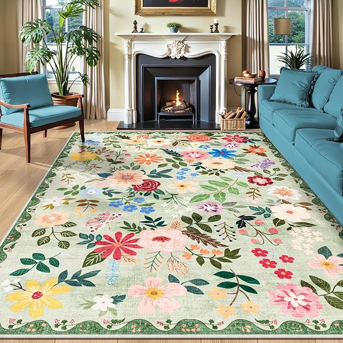 8x10 Area Rugs for Living Room: Floral Washable Rug Vintage Large Soft Boho Non-Slip Carpet Indoor Stain Resistant Low Pile Carpets for Bedroom Dining Room Farmhouse Nursery Hallway Home Office Green