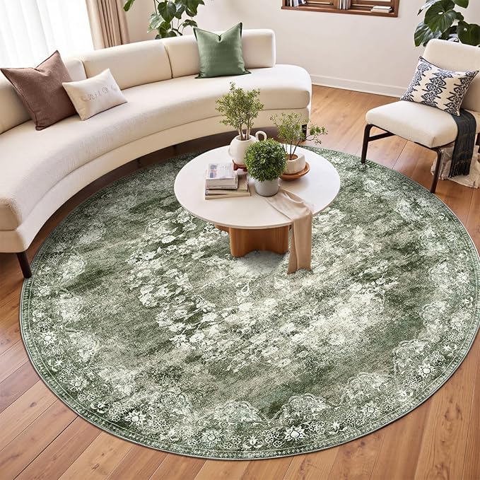 jinchan Round Rug 7ft Area Rug - Green Vintage Floor Mat Kitchen Indoor - Washable Circle 7' Thin Floral Print Carpet Retro Farmhouse Non Slip Dining Room Living Room Bedroom Office