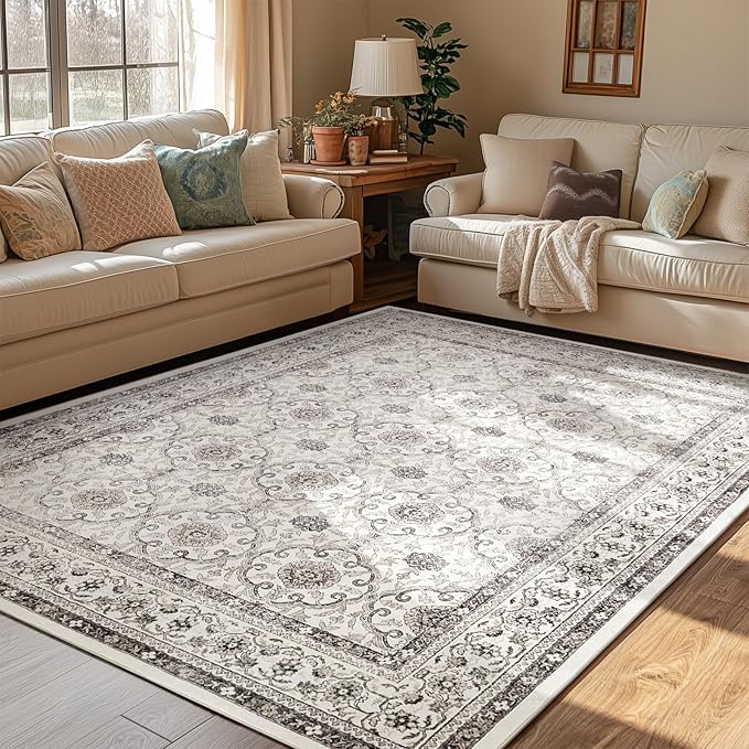 jinchan Floral 5x7 Area Rugs for Bedroom - Machine Washable Vintage Distressed Boho Design Throw Rug Stain Resistant Carpet Low-Pile Thin Non-Slip for Nursery Living Room Dining Room (5‘x7',Beige)