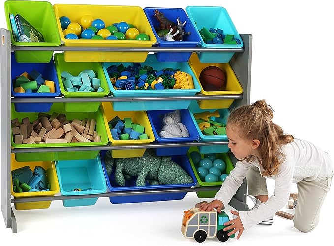 Humble Crew Supersized Toy Storage Organizer with 16 Removable Bins, Grey/Blue/Green/Yellow – Large Toy Storage for Toddlers Ideal for Kids' Rooms, Playrooms, and Nurseries - Modern Toy Bins for Kids