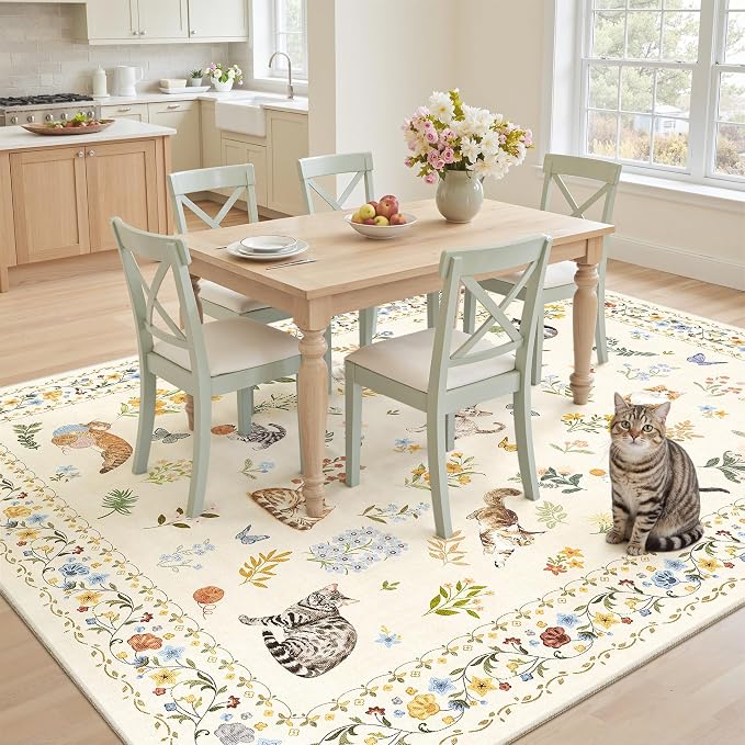 Soalmost Cat 6x9 Area Rugs for Living Room, Machine Washable Animal Floral