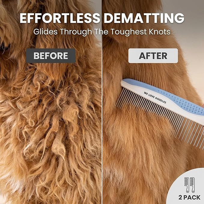 Metal Dog Grooming Comb | Removes Tangles & Matts | Dematting Pet Combs | Detangler for Matted Hair | Best Comb for Poodles, Goldendoodles, Doodles & Long Haired Dogs (Large) [We Love Doodles]