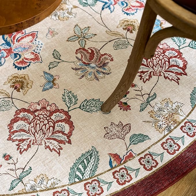 jinchan Floral Corner Rug for Living Room Washable Bedroom Rug Vintage Romance Design Non Slip Quarter Circle Lightweight Low-Pile Throw Carpet for Reading Nook Playroom,8ft Radius, Red/Beige