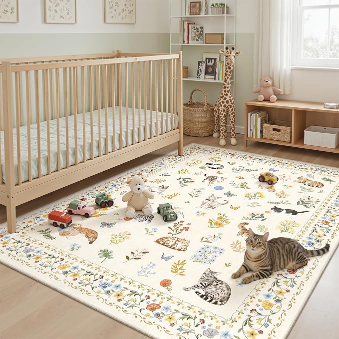 Soalmost Cat 6x9 Area Rugs for Living Room, Machine Washable Animal Floral