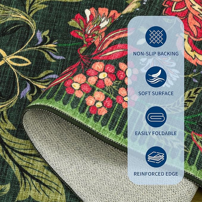 GarveeHome Forest Green Floral Botanical Washable 9x12 Rug for Living Room Soft Vintage Boho Cottage Large Rugs Low-Pile Carpet for Bedroom Dining Nursery Rug