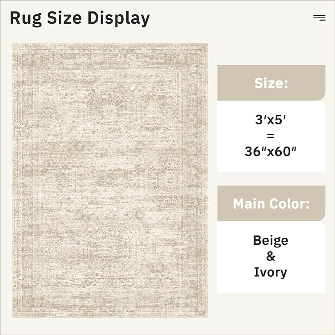 3x5 Rug, Small Area Rug for Kitchen, Machine Washable Non-Slip Throw Rug
