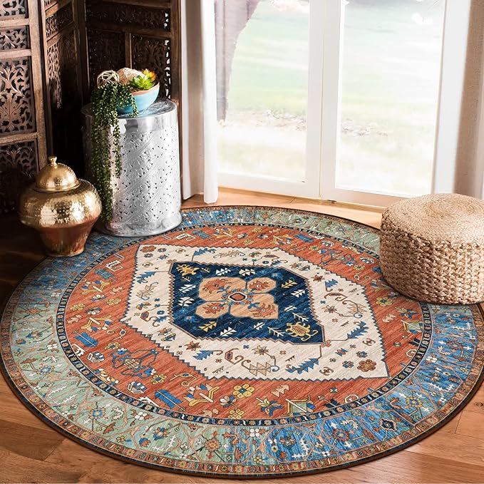 Lahome Ultra-Thin Round Rugs - 6ft Washable Round Area Rugs for Living Room Non-Slip Throw Circle Rugs for Bedroom Dining Room Rug, Non-Shedding Office Rug Oriental Round Carpet for Bedroom Kitchen