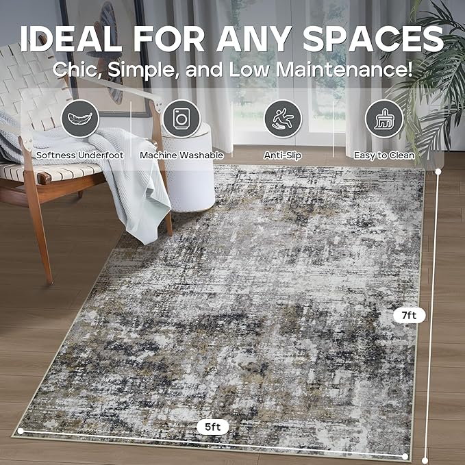 5x7 Area Rugs for Living Room Rug Washable: Modern Rug for Dining Room Bedroom Carpet Non Slip Low Pile 5 by 7 Indoor Abstract Nursery Home Office Black Gold