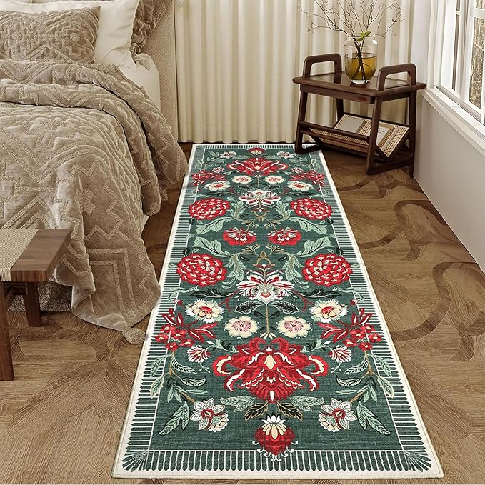 GarveeHome Floral Botanical 2x6 Washable Kitchen Runner Rugs Non Slip Grey Green Vintage Boho Cottage Long Rug for Hallways Bedroom Entryway Bathroom Mat with Rubber Back