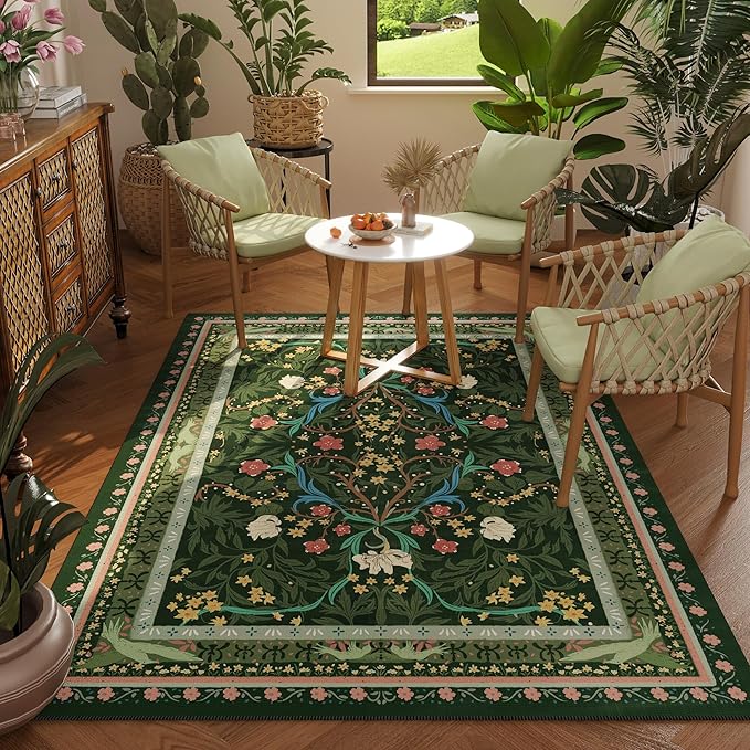 Bedroom Rug 3x5 Rug Washable Area Rug Non Slip Low Pile Vintage Floral Botanical Small Carpet for Bedroom, Bedside, Kitchen, Entryway, Kids Room, Office, Green