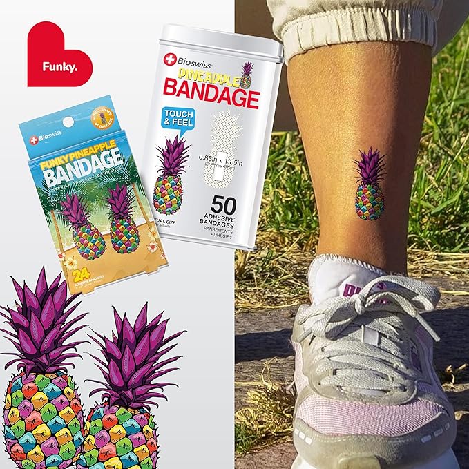 BioSwiss Bandages, Funky Pineapple Shaped Self Adhesive Bandage, Latex Free Sterile Wound Care, Fun First Aid Kit Supplies for Kids, 24 Count