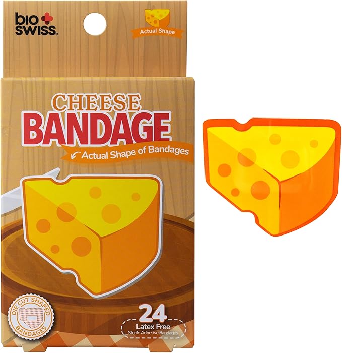 BioSwiss Bandages, Cheese Shaped Self Adhesive Bandage, Latex Free Wound Care, Fun First Aid Kit Supplies for Kids and Adults, 24 Count
