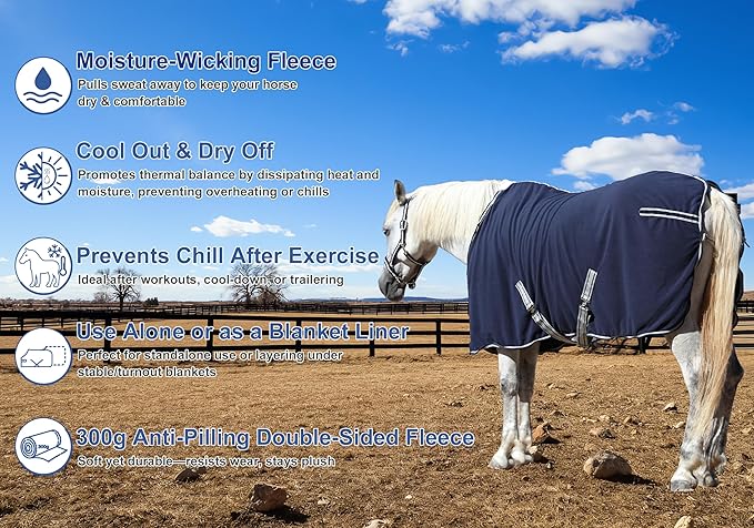 Horse Fleece Cooler, Blanket Liner - 300g Anti-Pilling Fleece, Moisture-Wicking, Cooling & Drying for Post-Workout, Bath & Travel, Prevent Overheating & Chilling Navy 78