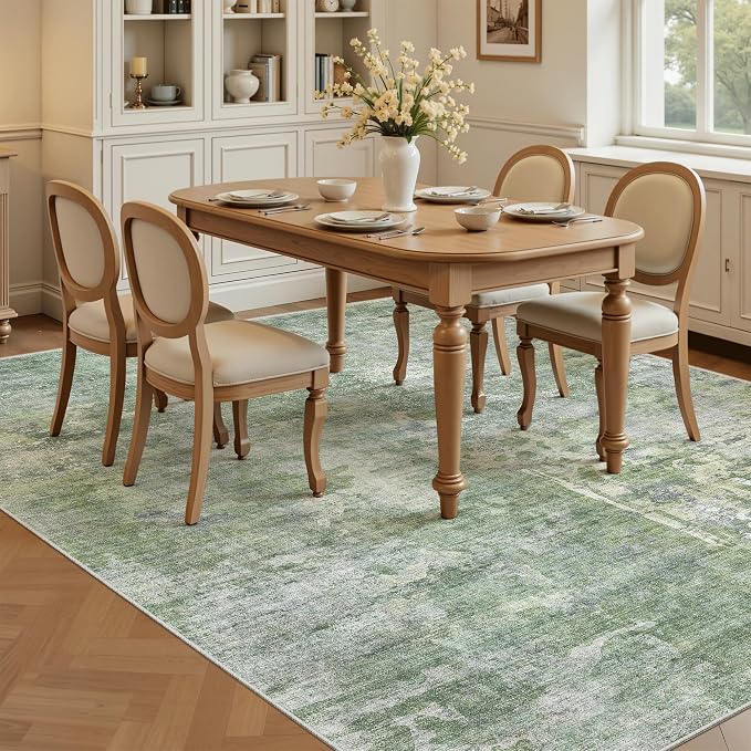 Soalmost 5x8 Area Rugs Green/Ivory Low Pile Indoor Washable Trendy Faded Style