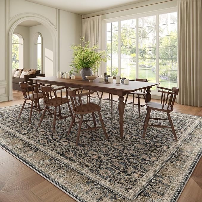 Washable 10x14 Area Rugs for Living Room, Boho Non-Slip Silicone Backing Rugs for Bedroom Dining Room Office, 0.3" Neutral Oriental Throw Carpet with 0.16" Cushioning Pad, Black/Multi