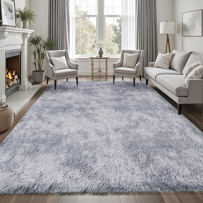 Area Rug for Living Room Bedroom: 9x12 Light Grey Soft Fluffy Shag Upgrade