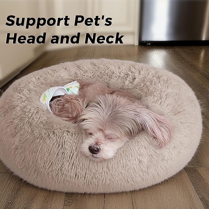 Calming Dog Bed & Cat Bed with Anti-Slip Bottom, Medium Size Washable Anti-Anxiety Donut Dog Beds for Small Dogs & Cats, Fluffy Plush Cozy Round Dogs Bed(24 Inch, Light Brown)