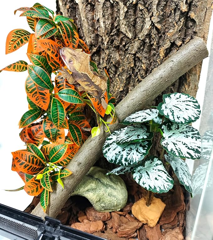 Woyrise Reptile Plants, Terrarium Hanging Plant Vines, Artificial Leaves with Suction Cup, Bearded Dragon Tank Accessories for Gecko Lizard Snake Frog Tortoise Decorations - Codiaeum Variegatum