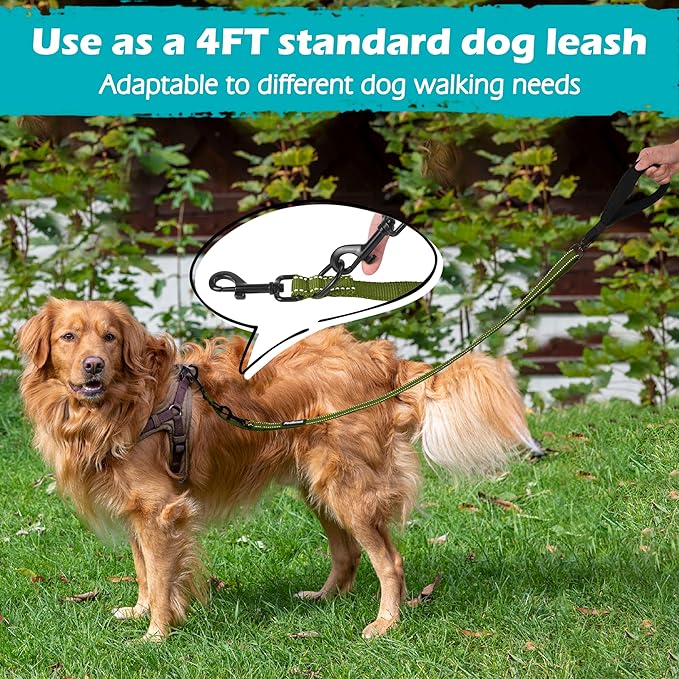 PetBonus Two Point Control Dog Leash, Works with No Pull Harnesses, No Tangle Training Leashes, Soft Padded and Reflective Walking Lead, Converts to Single Lead for Medium Large Dogs (Khaki Green)