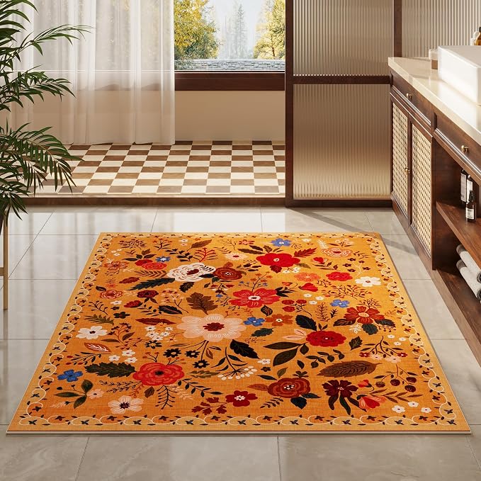 Rugcomf Area Rug 4x6 Rug Washable Boho Rugs Non Slip Low Pile Floral Small