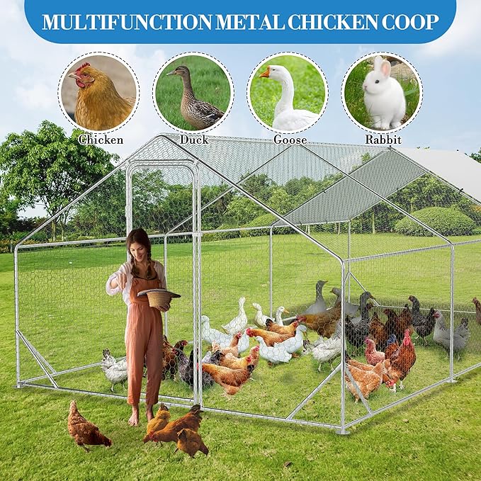 Large Metal Chicken Coop Run,Outdoor Walk-in Cage Peak Hen House with Waterproof and Anti-Uv Cover,Spire Roof Hen House with Security Lock for Outdoor,Backyard and Farm, 9.8 x 19.7 x 6.6 Ft