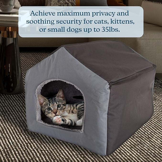 Dog House - Indoor Dog House with Removable Sherpa Cushioned Pad - Pet Bed for Small Dogs, Cats, or Kittens - Dog Houses by PETMAKER (Gray)