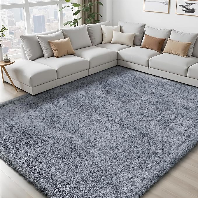 Area Rug for Living Room Bedroom: 9x12 Grey Soft Fluffy Shag Upgrade Non-Slip