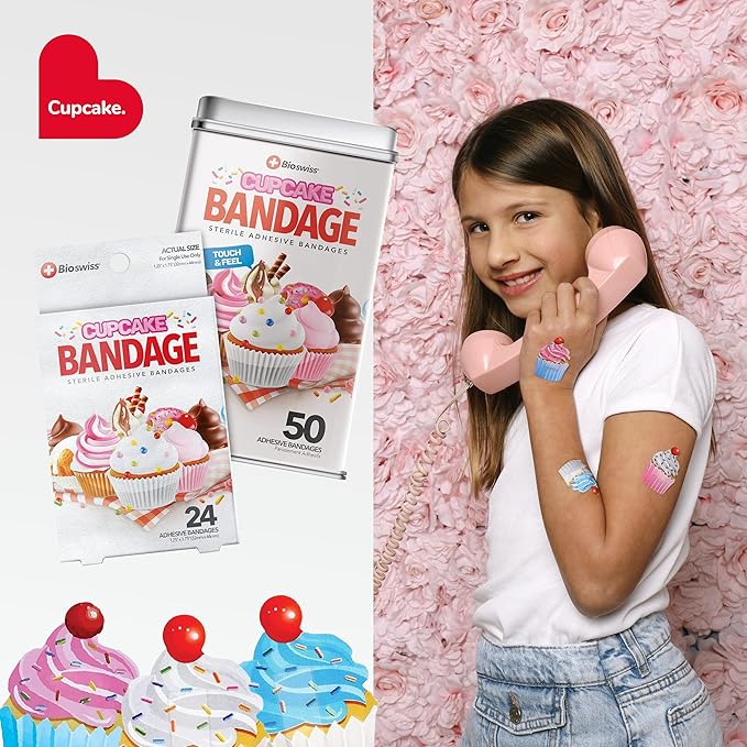 BioSwiss Bandages, Cupcake Shaped Self Adhesive Bandage, Latex Free Sterile Wound Care, Fun First Aid Kit Supplies for Kids, 50 Count