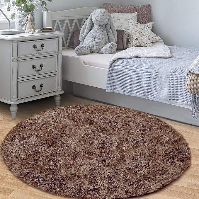 4FT Round Rug for Bedroom: Fluffy Shag Soft Washable Rugs Circle Small Fuzzy Plush Indoor Carpet for Living Room Nursery Playroom Dorm Kids Girls Boys Room (Coffee, 4'x4')