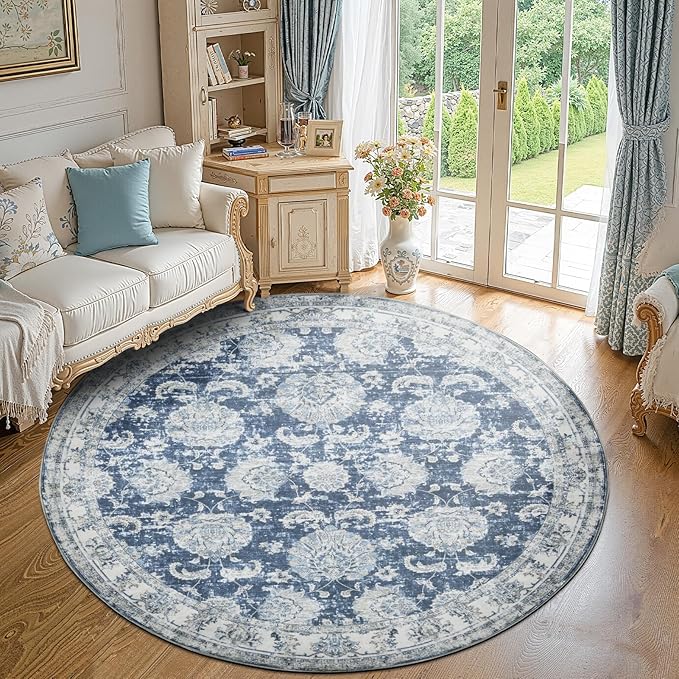 jinchan Round Rug 8ft Area Rug - Dark Blue Vintage Floor Mat Kitchen Indoor Ultra-Thin Soft Floral Print - Washable Circle 8' Retro Accent for Farmhouse Non Slip Dining Room Living Room Bedroom Office