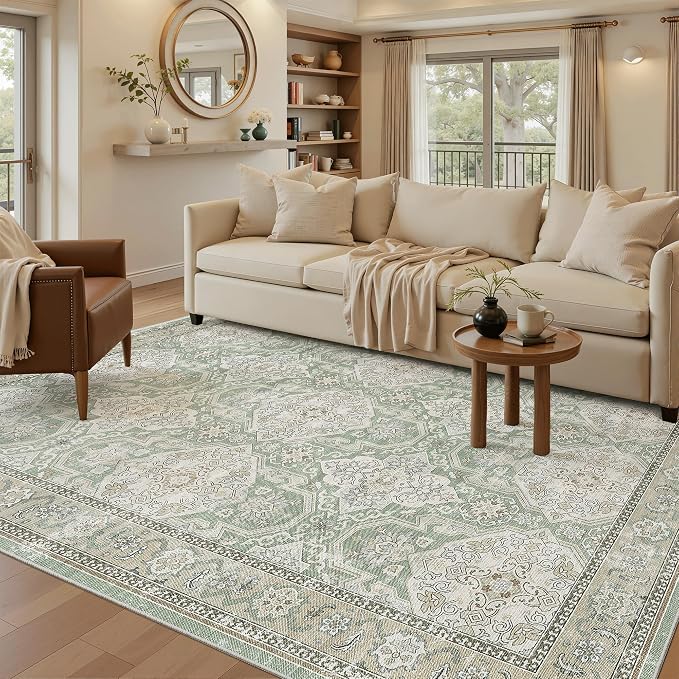 Soalmost 5x7 Area Rugs Green/Brown Low Pile Indoor Washable Trendy Faded Style