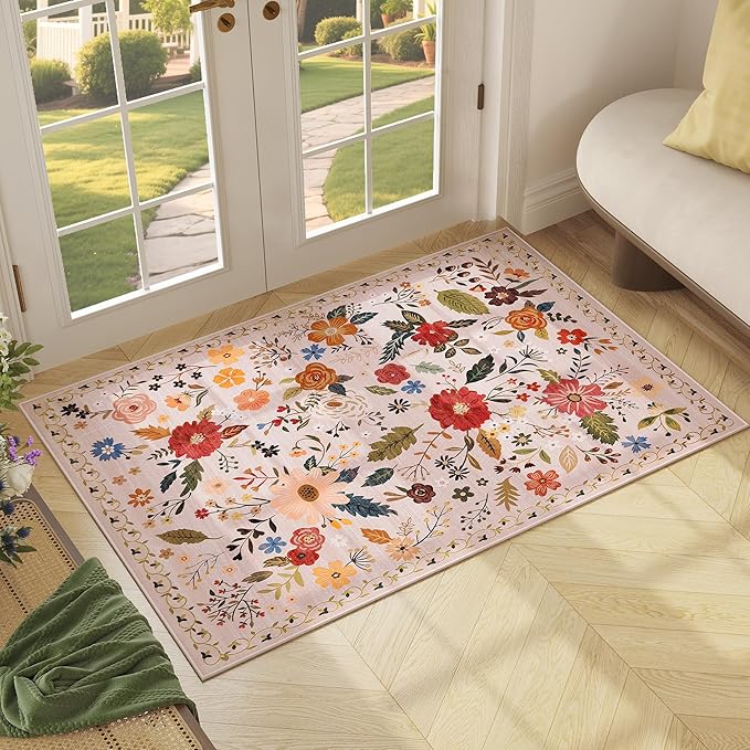 2x3 Washable Rug for Entryway, Floral Soft Small Area Rug, Non Slip Doormat Indoor Entrance Carpet, Flower Low Pile Front Door Throw Rug for Bedroom, Kitchen, Laundry, Bathroom, Pink/Beige