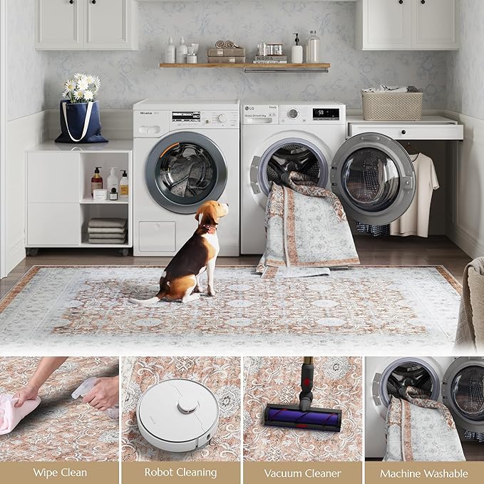 jinchan Washable Area Rug 3x5 Entryway Low Pile Boho Floral Print Rug Faux Wool Soft Indoor Doormat Stain Resistant Non-Slip Ultra-Thin Rug Kitchen Living Room Bedroom Dining Room Office Orange