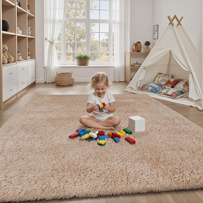 Area Rug for Living Room Bedroom: 6x9 Camel Soft Fluffy Shag Upgrade Non-Slip