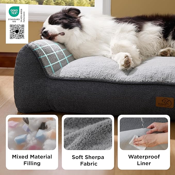 Bedsure SupportMax™ Orthopedic Dog Bed Medium Size Dog - Extra Thick Supportive Medium Dogs Beds with Waterproof Washable Cover, Comfort Pet Bed Sofa with Soft Sherpa and Nonskid Bottom, Grey, 35"