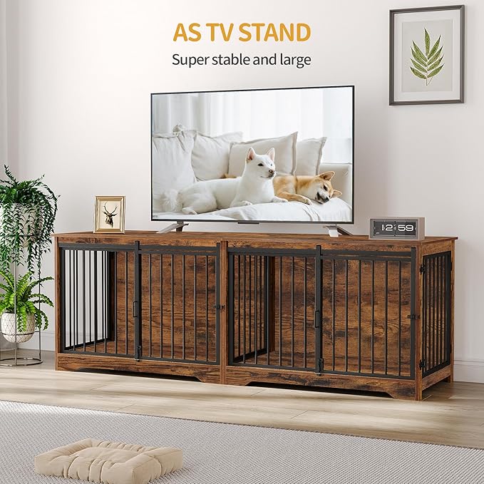 78" Dog Crate Furniture for 2 Dogs, Double Dog Cage with Divider, Wooden Heavy Duty Dogs Kennel, Pet Cage with Barn Door, TV Stand for Large Small Medium Dogs, Rustic Brown DFC83701BV1