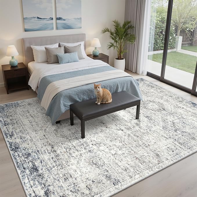Soalmost 5x8 Area Rugs Blue Ivory Low Pile Indoor Washable Trendy Faded Style