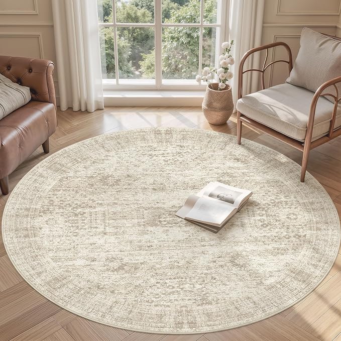 Soalmost 5x5 Beige Round Rug 5ft Living Room Circle Rug Vintage Round Area Rug