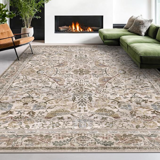 Moss Washable Living Room Rug, 7x10 Floral Area Rug