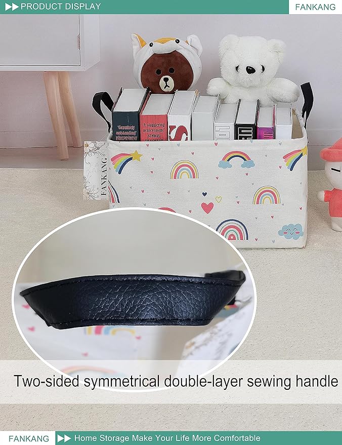 FANKANG Storage Bins, Nursery Hamper Canvas Laundry Basket Foldable with Waterproof PE Coating Large Storage Baskets for Kids Boys and Girls, Office, Bedroom, Clothes,Toys(Rec-Love Rainbow
