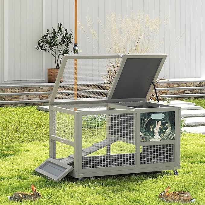 COZIWOW 36.5-Inch Double-Decker Wooden Rabbit Hutch with Wheels, Featuring A Cleaning Tray and Ladder—Stylish and Easy to Assemble（Grey and Pattern）