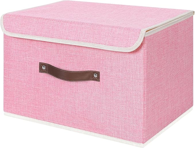 ANMINY Storage Bin with Lid Storage Boxes with PU Leather Handles PP Plastic Board Decorative Foldable Lidded Cotton Linen Fabric Home Cubes Baskets Closet Organizer Container - Pink, Large Size