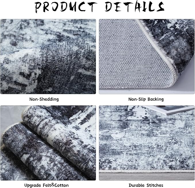 Runner Rug 2x6 Hallway Rugs Washable Boho Rug Soft Area Rug Abstract Pattern Non-Slip Faux Wool Vintage Rug for Kitchen, Entryway, Laundry, Bedroom, Grey and Black