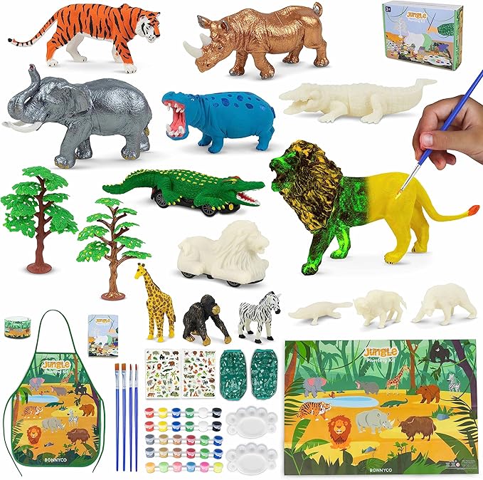 BONNYCO Animal Toys for Kids Painting Kit with 16 Figurines Animal Kids Crafts 4-8 with Glow in The Dark, Safari Gifts for Boys and Girls | Boy Toys 3 4 5 6 7 8 9 10 Years Old Birthday Christmas