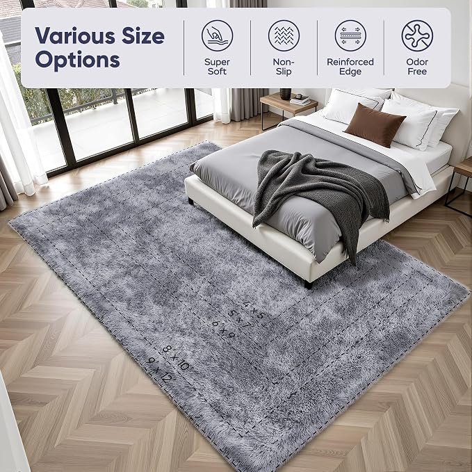 Area Rug for Living Room Bedroom: 9x12 Light Grey Soft Fluffy Shag Upgrade