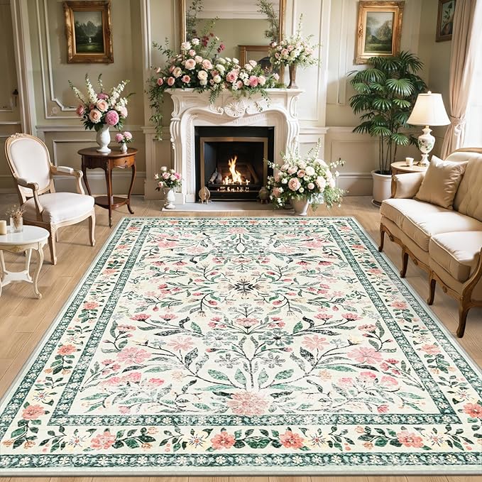 8x10 Area Rugs for Living Room: Floral Washable Rug Vintage Large Soft Boho Non-Slip Carpet Indoor Stain Resistant Low Pile Carpets for Bedroom Dining Room Farmhouse Nursery Home Office Green Beige