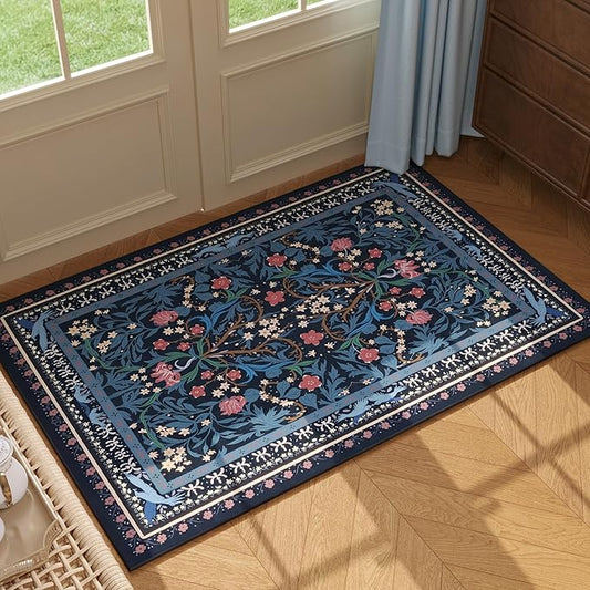 Door Mat Indoor Entrance 2x3 Rug Machine Washable Vintage Floral Botanical Small Area Rug Non-Slip Low Pile Throw Rugs for Entryway, Kitchen, Front Door Entrance, Entry, Kids Room, Blue