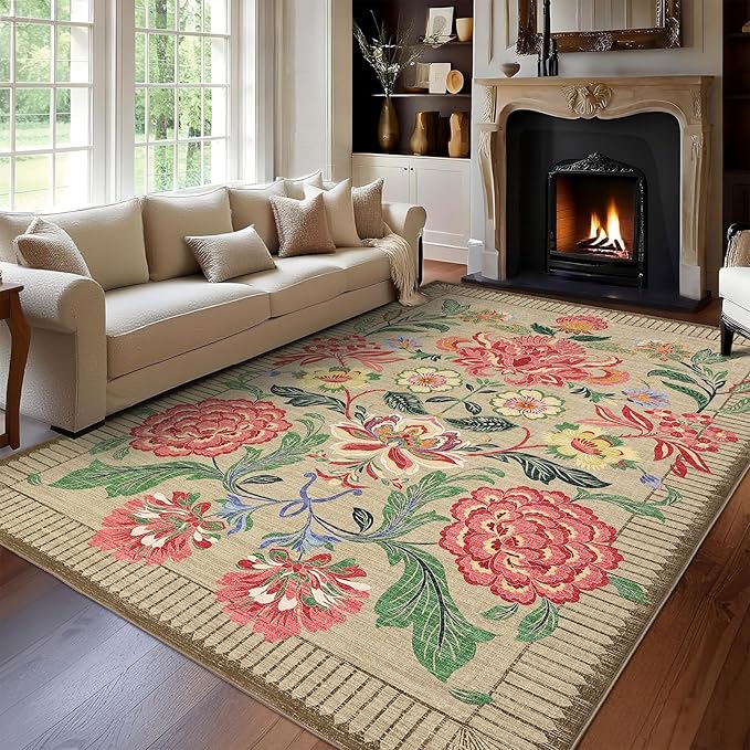 GarveeHome Floral Botanical Washable 9x12 Area Rug for Living Room Soft Camel Taupe Brown Vintage Boho Cottage Large Rugs Low Pile Carpet for Bedroom Dining Nursery Rug