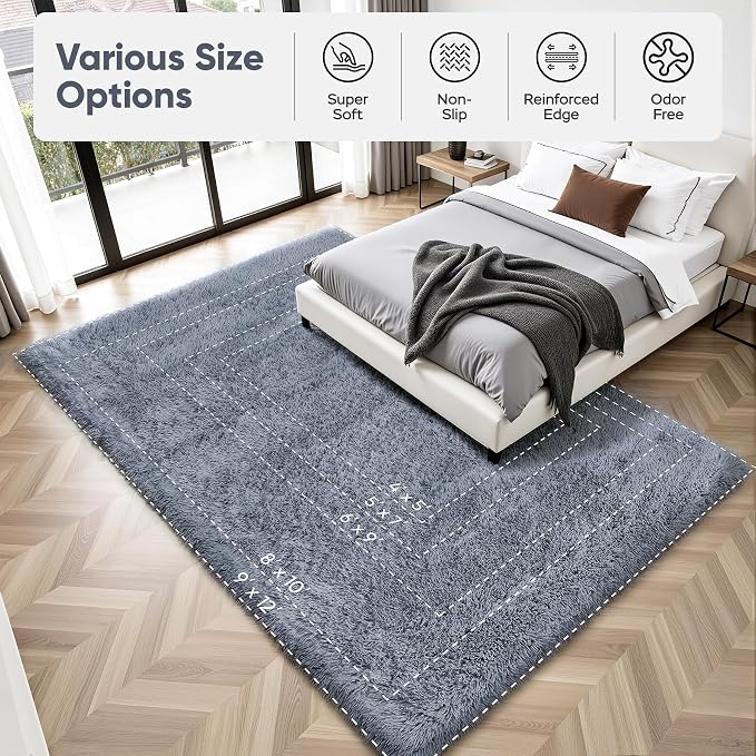Area Rug for Living Room Bedroom: 9x12 Grey Soft Fluffy Shag Upgrade Non-Slip