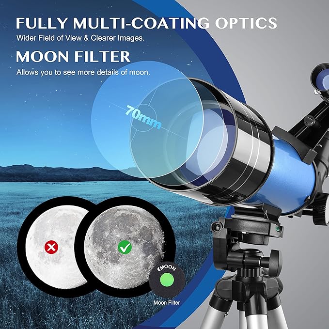 AOMEKIE 40070 Telescopes for Astronomy Beginners and Adults 70mm Astronomical Telescopes with Adjustable Tripod K6/25 Eyepieces Phone Adapter